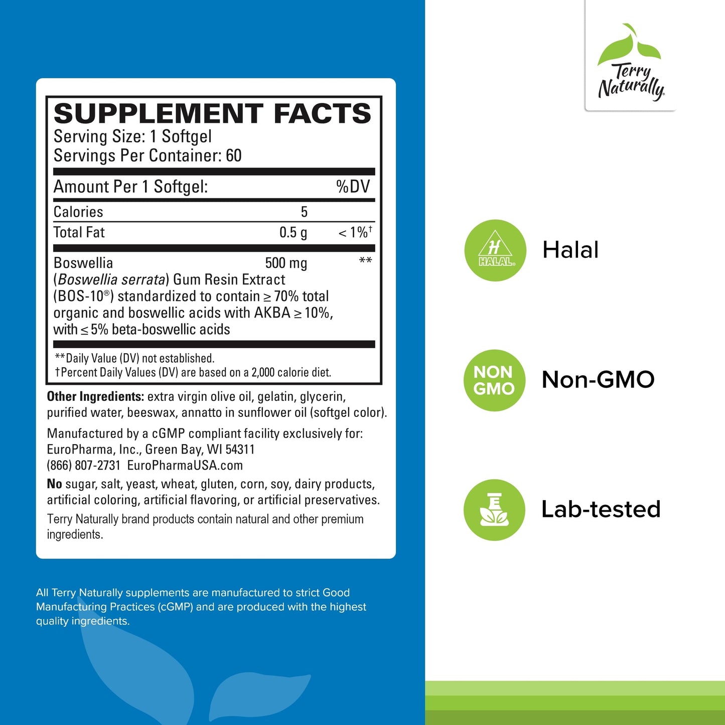 Terry Naturally BosMed 500 – Boswellia Serrata Extract Supplement for Everyday Wellness | 60 Softgels