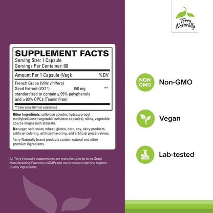 Terry Naturally Clinical OPC: Cardiovascular Health & Focus Support – Grape Seed Extract + Sunflower Lecithin, 150 mg, 60 Softgels (Pack of 2)