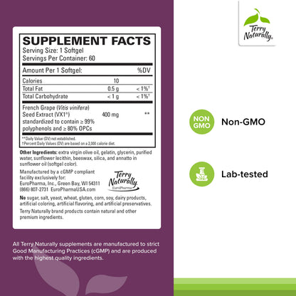Terry Naturally Clinical OPC Extra Strength – Cardiovascular Health, Immunity & Focus Support | Grape Seed Extract, 60 Softgels