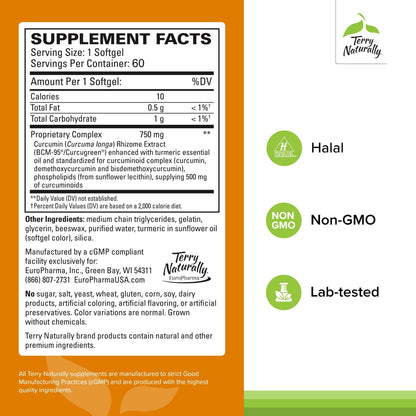 Terry Naturally CuraMed 750mg – High-Potency Curcumin Antioxidant Supplement for Brain & Heart Health (60 Softgels)