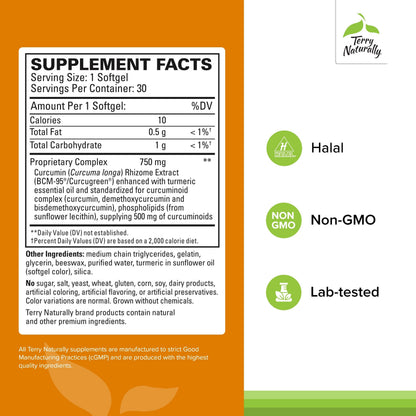 Terry Naturally CuraMed 750mg - Curcumin Antioxidant for Brain & Heart Health - 30 Softgels