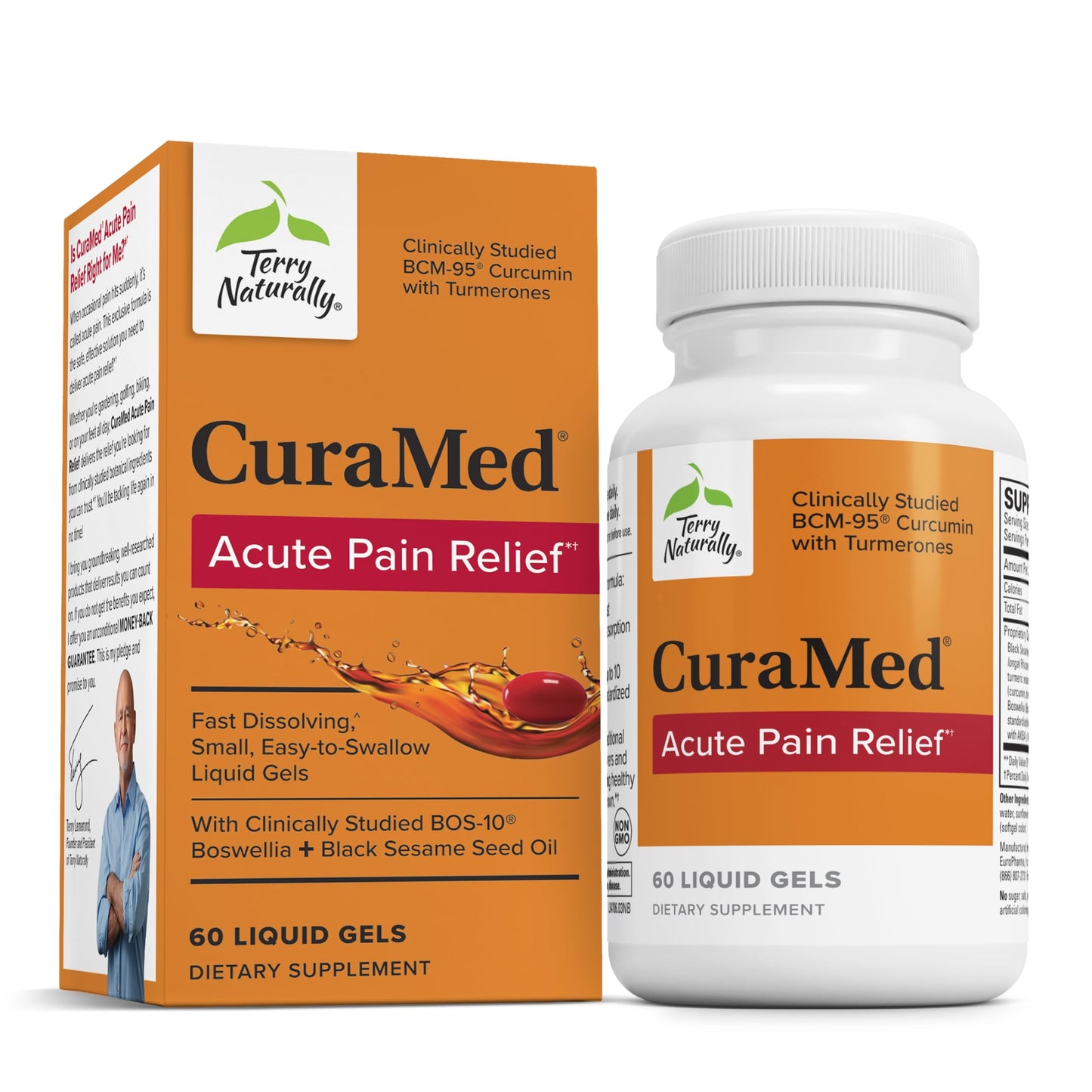 Terry Naturally CuraMed Acute Pain Relief – BCM-95 Curcumin + BOS-10 Boswellia with Black Sesame Seed Oil, 60 Liquid Gels