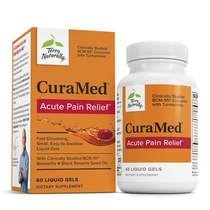 Terry Naturally CuraMed Acute Pain Relief – BCM-95 Curcumin + BOS-10 Boswellia with Black Sesame Seed Oil, 60 Liquid Gels