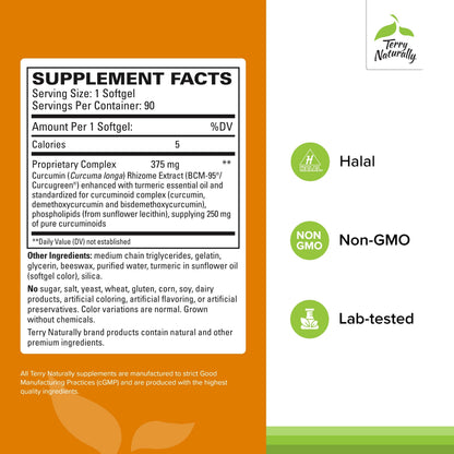 Terry Naturally CuraMed 375mg – Antioxidant Curcumin with Turmeric Essential Oil | Brain, Liver & Immune Support | 90 Softgels