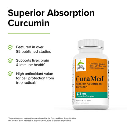 Terry Naturally CuraMed 375mg – Antioxidant Curcumin Turmeric for Brain & Immune Health (Pack of 3, 120 Softgels)