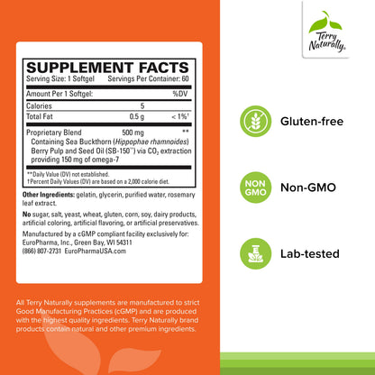 Terry Naturally Omega-7 with Sea Buckthorn – Skin Health Support | 60 Softgels (Pack of 2)
