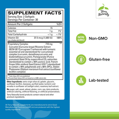 Terry Naturally Healthy PSA Levels – Prostate Health Dietary Supplement | BCM-95 Curcumin, Turmeric Oil, Grape Seed Extract – 60 Softgels