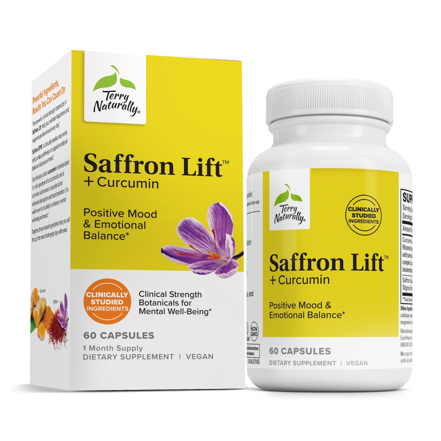 Terry Naturally Saffron Lift + Curcumin — Saffron & Curcumin Capsules for Concentration & Relaxation | Non-GMO | 60 Capsules