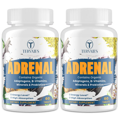 Tervaies Adrenal Support Adaptogen Supplements – Rhodiola, Ashwagandha, Holy Basil & Eleuthero | 120 Vegan Tablets