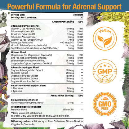 Tervaies Adrenal Support Adaptogen Supplements – Rhodiola, Ashwagandha, Holy Basil & Eleuthero | 120 Vegan Tablets