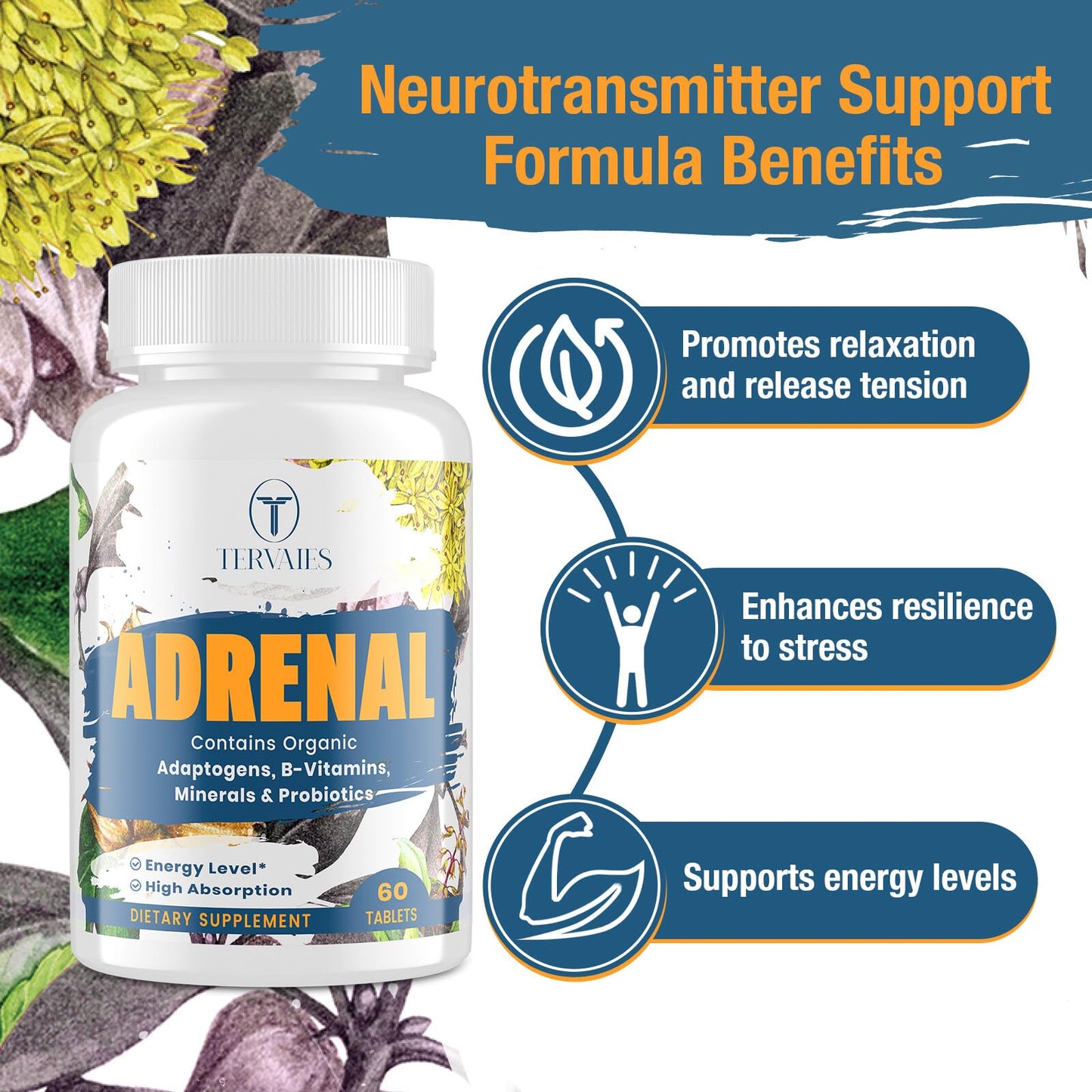 Tervaies Adrenal Support Adaptogen Supplements – Rhodiola, Ashwagandha, Holy Basil & Eleuthero | 120 Vegan Tablets