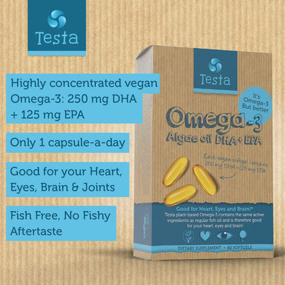 Testa Omega-3: Plant-Based DHA + EPA from Algae Oil | Pure Vegan Omega-3 | 60 Capsules (8 Pack)