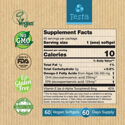 Testa Omega-3: Plant-Based DHA + EPA from Algae Oil | Pure Vegan Omega-3 | 60 Capsules (8 Pack)