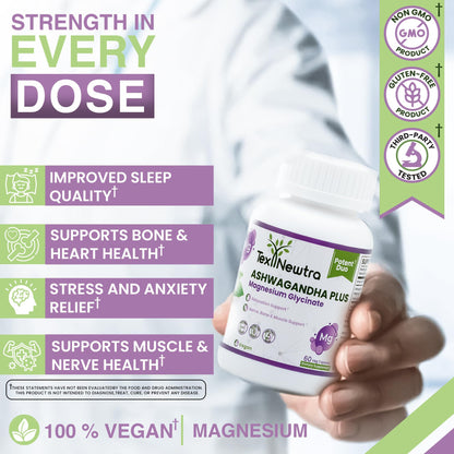 TEX NEWTRA Ashwagandha & Magnesium Glycinate – 60 Vegan Capsules | Non-GMO