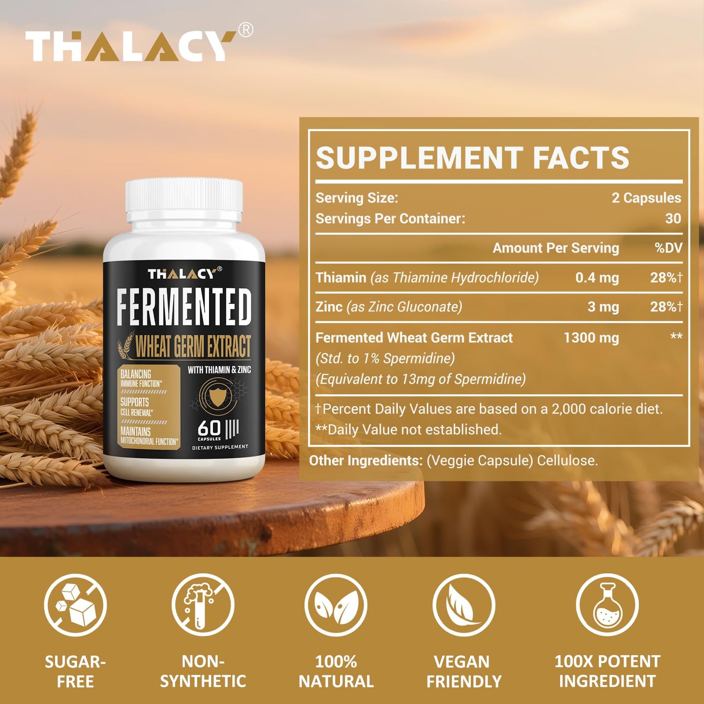 Thalacy Spermidine Wheat Germ Extract Capsules – 13 mg Spermidine, 1300 mg Formula, Zinc