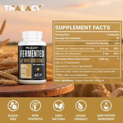Thalacy Spermidine Wheat Germ Extract Capsules – 13 mg Spermidine, 1300 mg Formula, Zinc