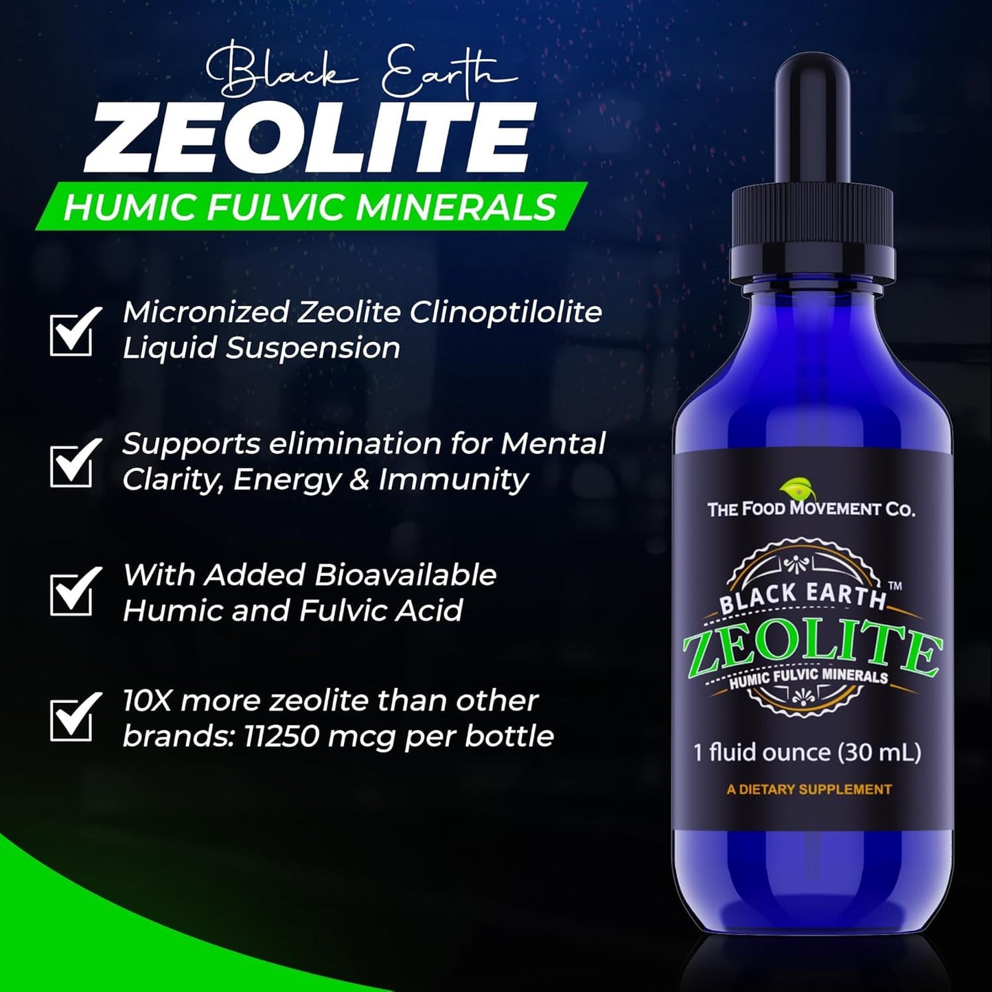 Black Earth Zeolite with Fulvic Acids & Trace Minerals — Liquid Drops (2 oz) for Detox, Gut Health & Immune Support | THE FOOD MOVEMENT CO.