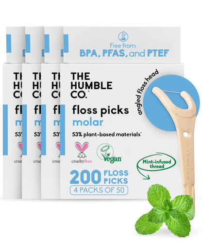 The Humble Co Molar Floss Picks – 200 Count (Mint) Angled Flossers for Molars & Back Teeth | Plant-Based, Less Plastic
