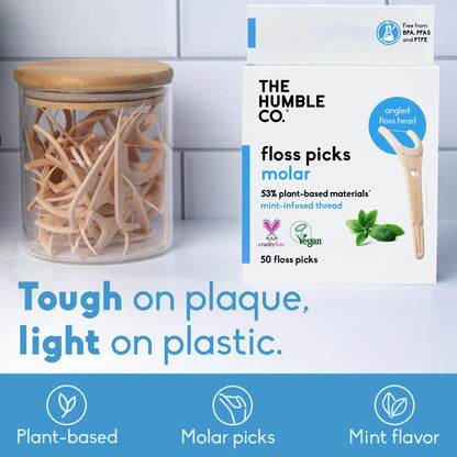 The Humble Co Molar Floss Picks – 200 Count (Mint) Angled Flossers for Molars & Back Teeth | Plant-Based, Less Plastic