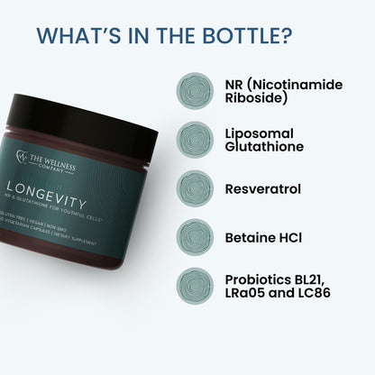 The Wellness Company Longevity – Mitochondria Efficiency, DNA Repair, Cellular Senescense - NR, Lipsomal Glutathione, Resveratrol, Bifidobacterium 15B CFU | 60ct (1 Month Supply)