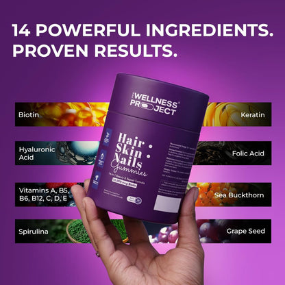 The Wellness Project 14-in-1 Hair, Skin & Nails Gummies – 10,000 mcg Biotin, Mixed Berry