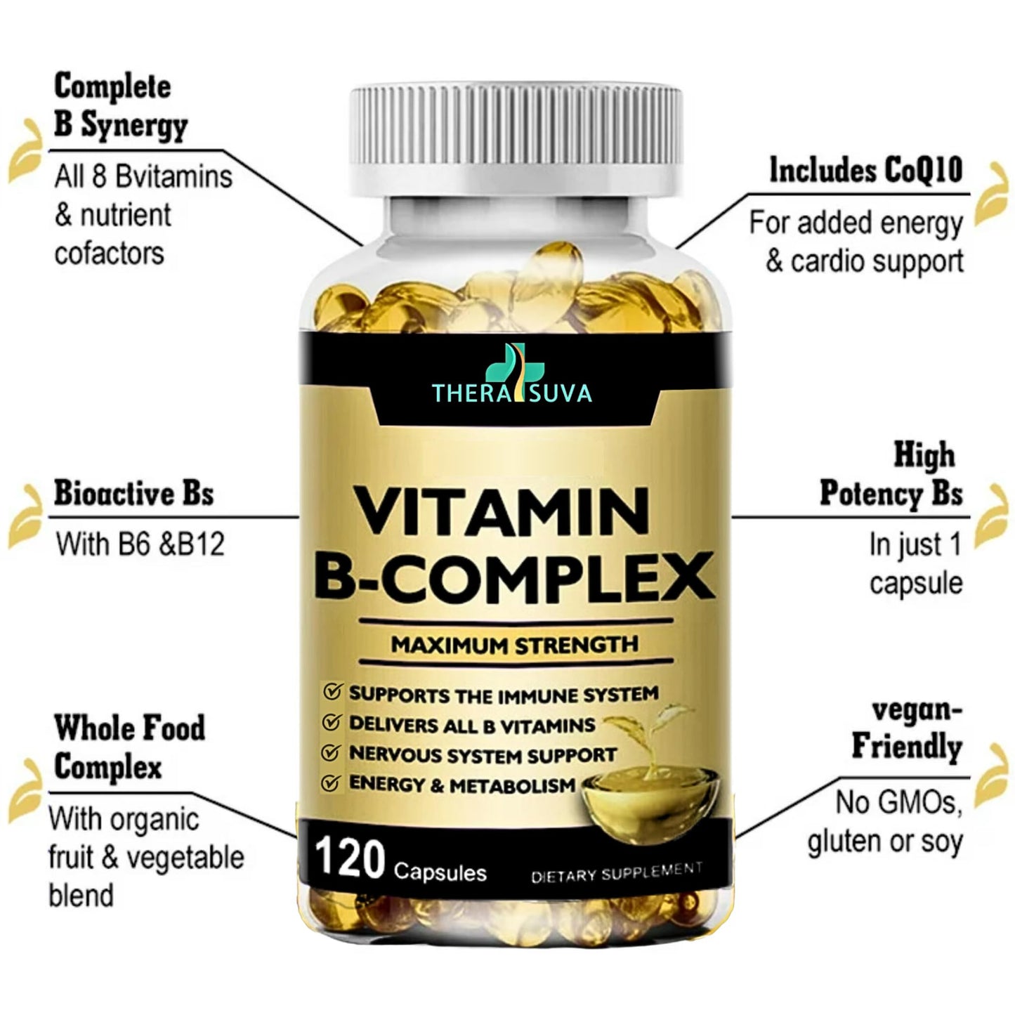TheraSuva Vitamin B-Complex + CoQ10 + Vitamin C – Max Strength, 120 Softgels, 60 Day Supply