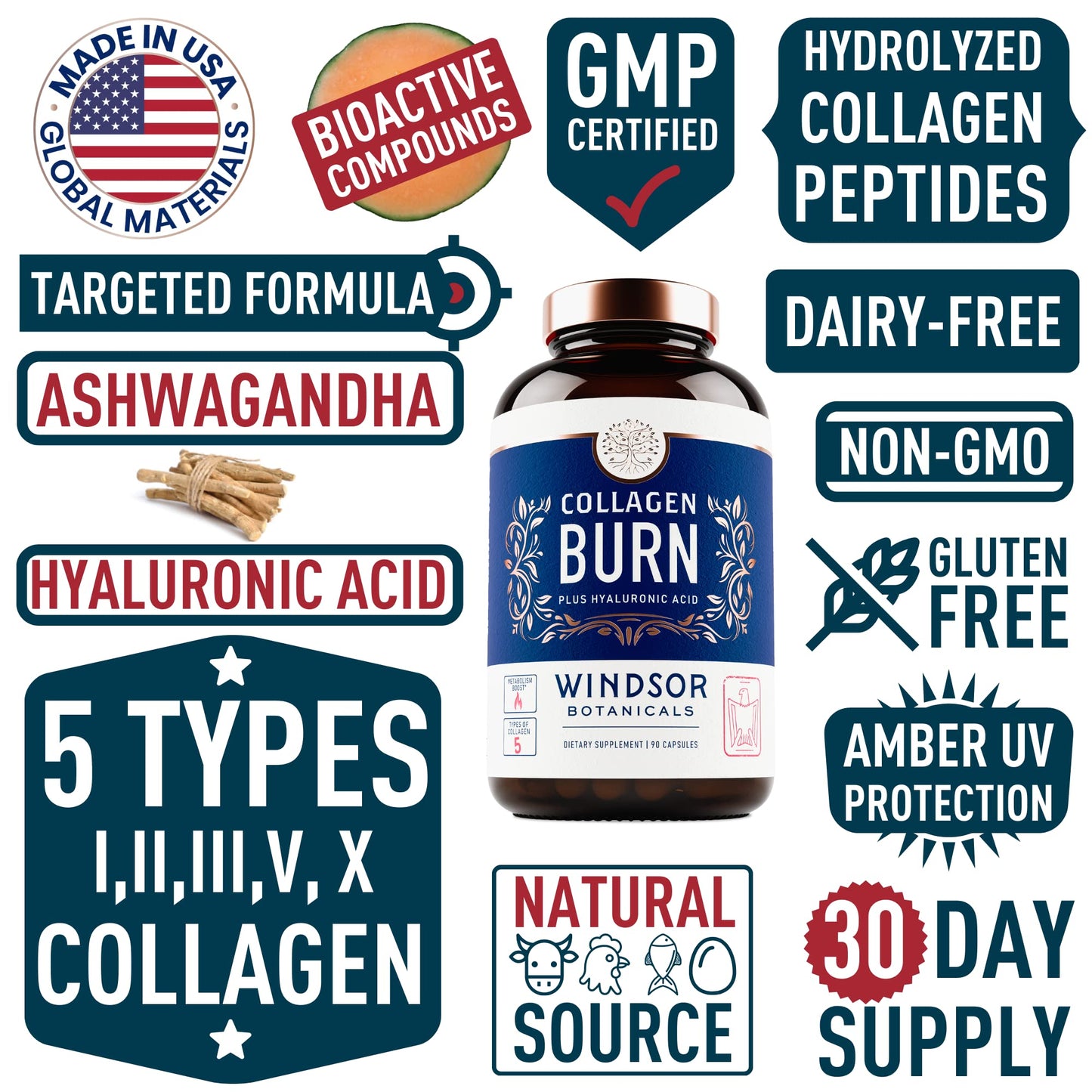 Thermogenic Multi Collagen Burn Capsules – 2-Pack, 180 Pills | Hyaluronic Acid, Marine Collagen & Vitamin C