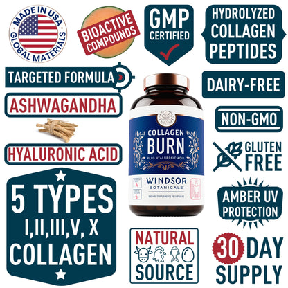 Thermogenic Multi Collagen Burn Capsules – 2-Pack, 180 Pills | Hyaluronic Acid, Marine Collagen & Vitamin C