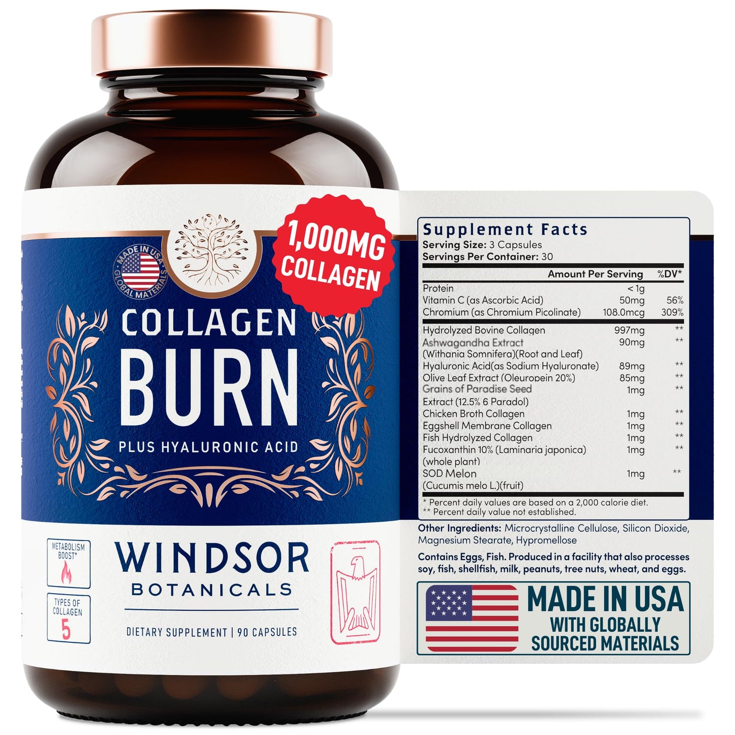Thermogenic Multi Collagen Burn Capsules – 2-Pack, 180 Pills | Hyaluronic Acid, Marine Collagen & Vitamin C