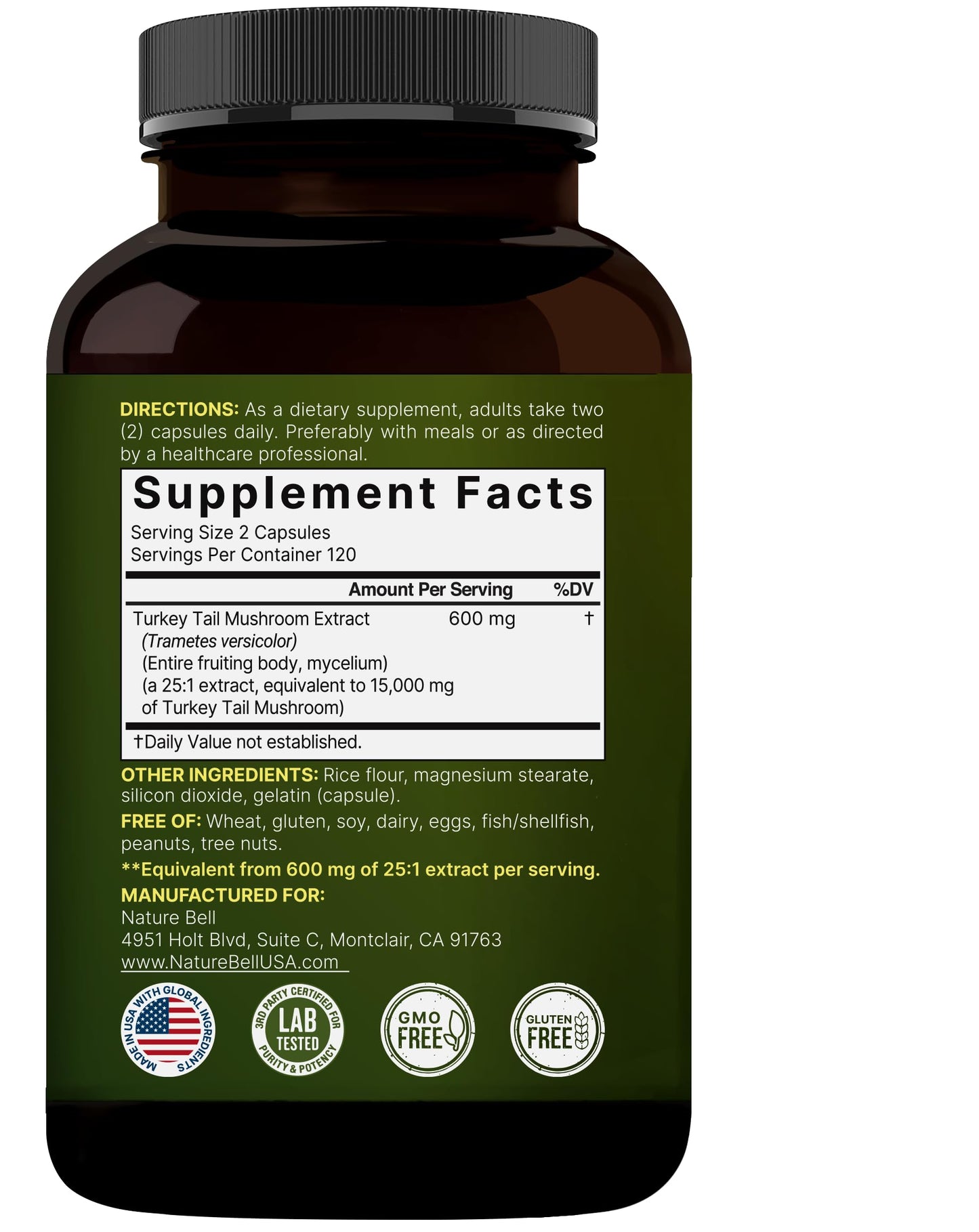 NatureBell Turkey Tail Mushroom Capsules – 15,000mg per Serving | 240 Count | 25:1 Extract for Immune & Brain Health