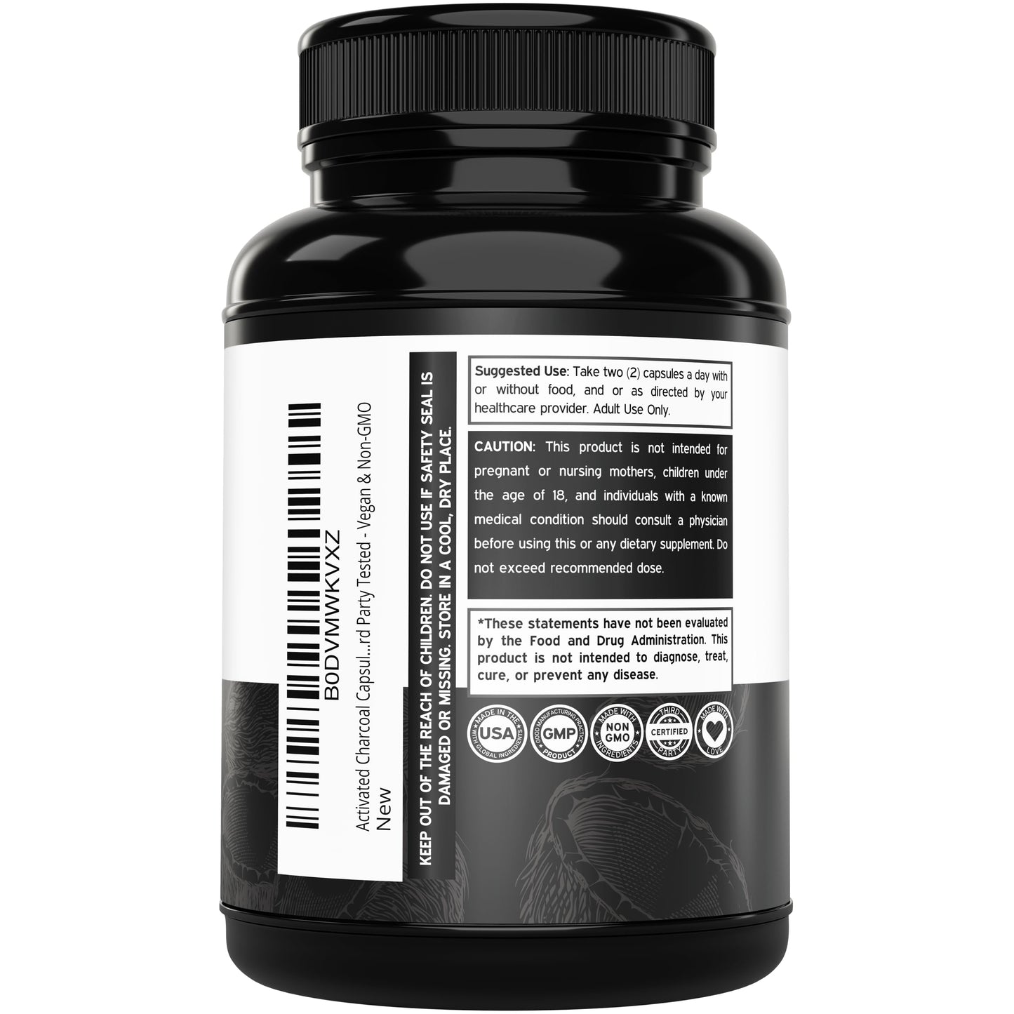 Organic Activated Charcoal Pills – 120 Capsules, 520mg per Serving – USA Made