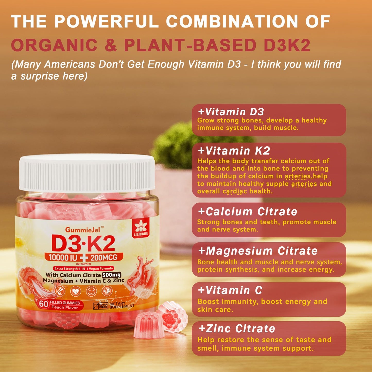 LILICARE Vitamin D3 K2 Filled Gummies – Vegan, Ultra-Strength D3/K2 with Calcium & Magnesium, Pack of 2