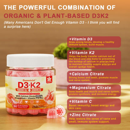 LILICARE Vitamin D3 K2 Filled Gummies – Vegan, Ultra-Strength D3/K2 with Calcium & Magnesium, Pack of 2