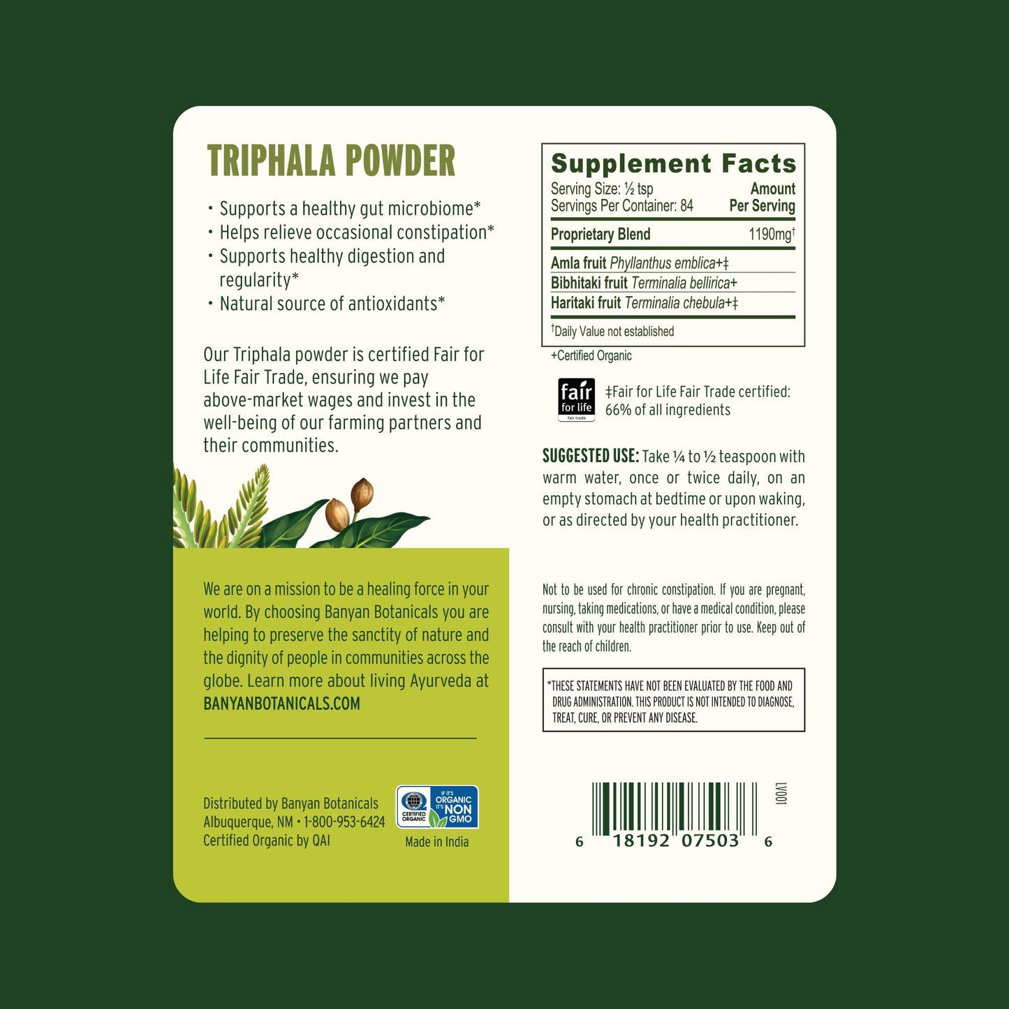 Banyan Botanicals Triphala Powder – Organic Digestion Supplement (Amla, Haritaki & Bibhitaki) – 3.5 oz – Non-GMO Vegan
