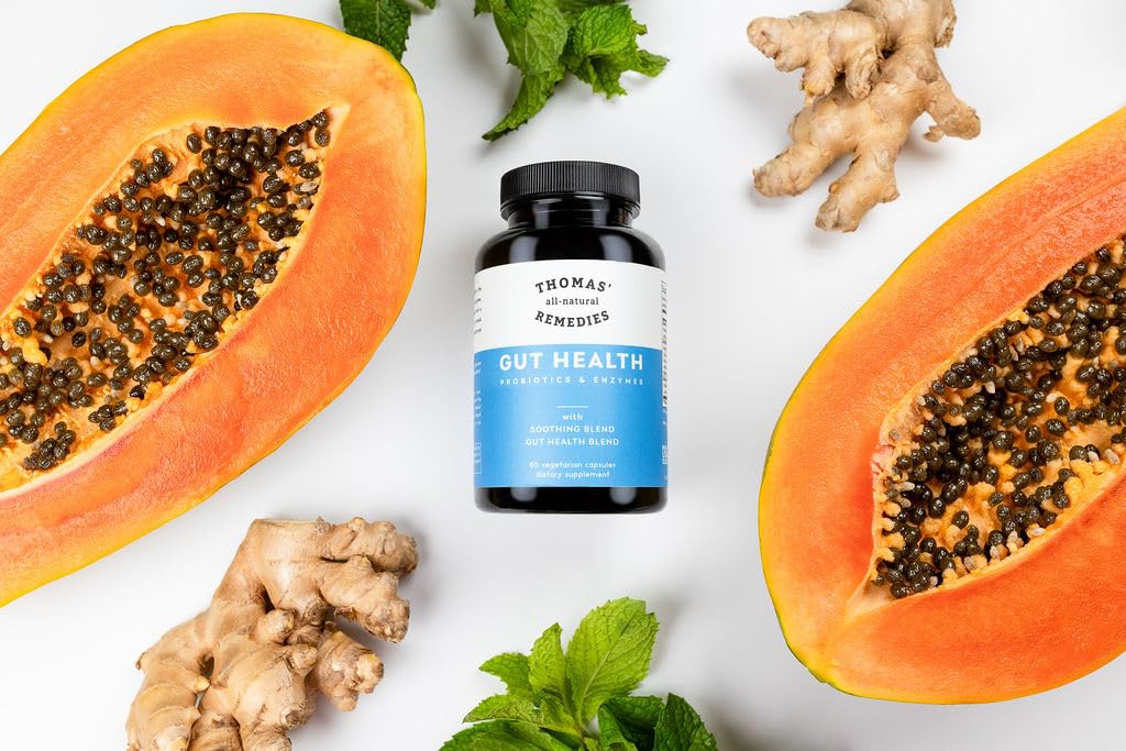 Thomas' all-natural Remedies Gut Health with Digestive Enzymes, Probiotics, Ginger, Papaya, and Turmeric for Digestion and Bloating Relieve