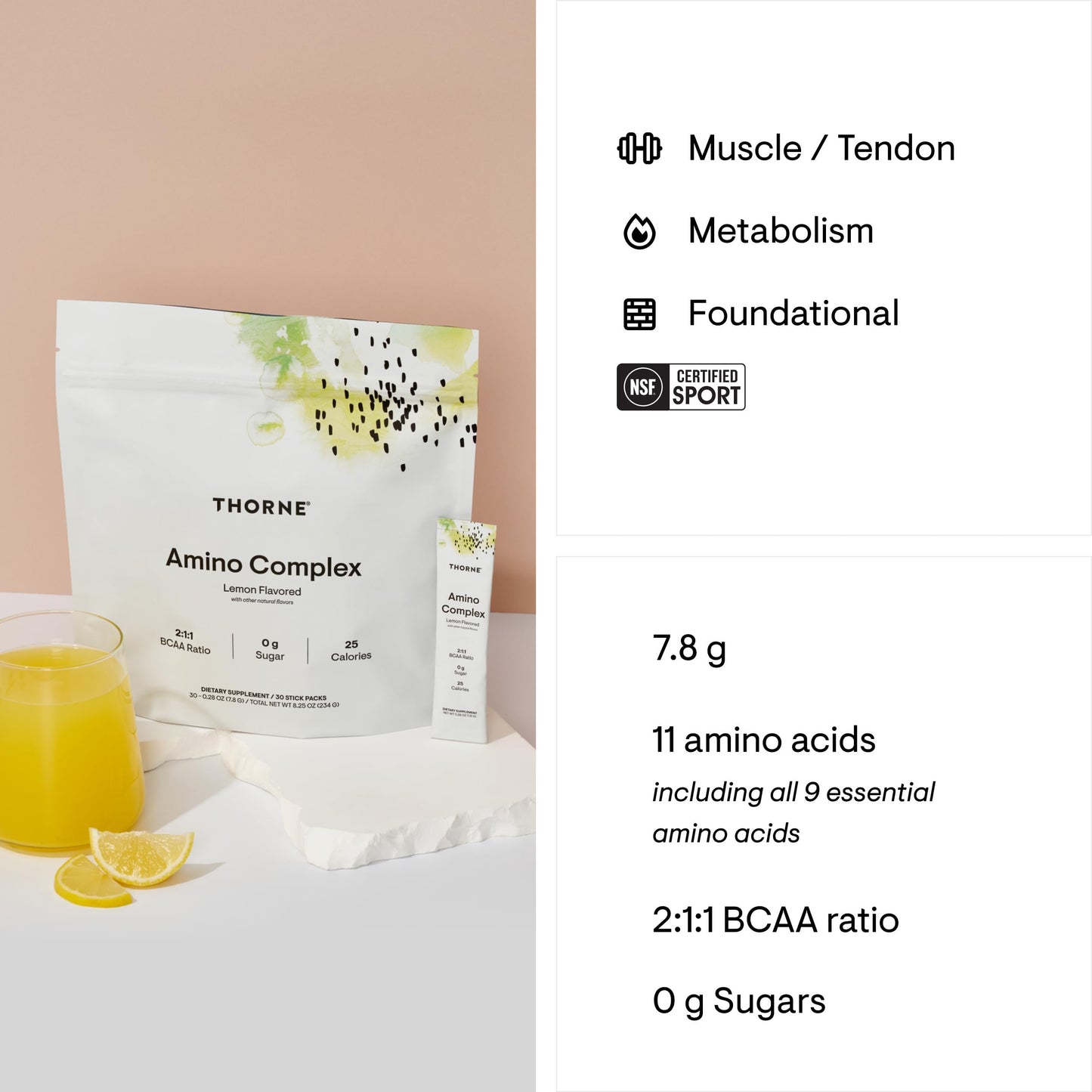 THORNE Amino Complex Lemon – Clinically Validated EAA & BCAA Powder for Pre or Post-Workout | NSF Certified for Sport