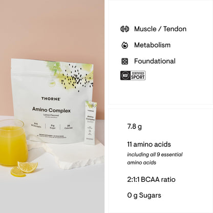 THORNE Amino Complex Lemon – Clinically Validated EAA & BCAA Powder for Pre or Post-Workout | NSF Certified for Sport