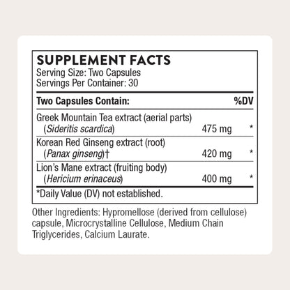 THORNE Ginseng Plus – Focus, Cognition & Memory Support with Korean Red Ginseng, Lion's Mane & Greek Mountain Tea | 60 Capsules