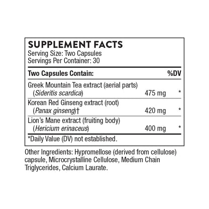 THORNE Ginseng Plus – Focus, Cognition & Memory Support with Korean Red Ginseng, Lion's Mane & Greek Mountain Tea | 60 Capsules