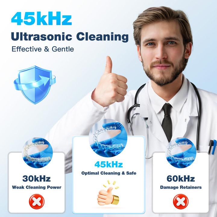 Ultrasonic Retainer Cleaner Machine - 45kHz, 200ml Pod, 3 Modes, Black