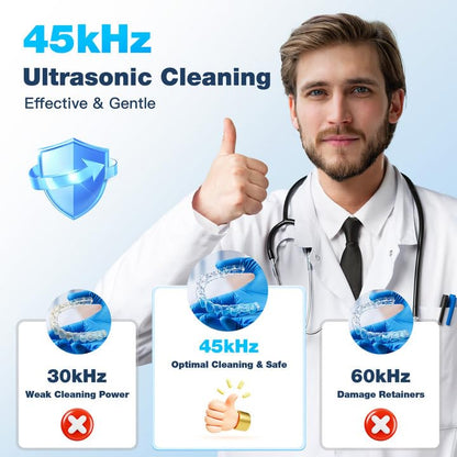 Ultrasonic Retainer Cleaner Machine - 45kHz, 200ml Pod, 3 Modes, Black