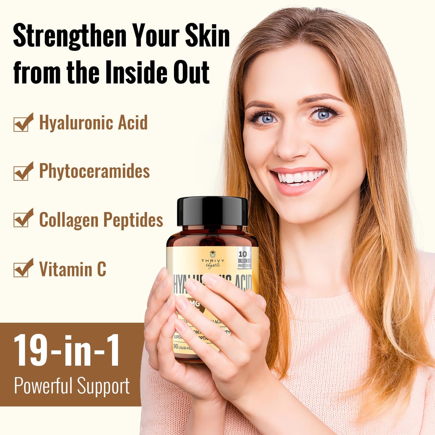 ThrivyThystle 19-in-1 Hyaluronic Acid Capsules – 2 Pack, 1200 mg, Collagen, Vitamin C, Probiotics