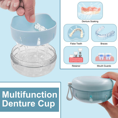 THSTOIC Denture Case & Cup – Travel Retainer with Mirror (Blue)
