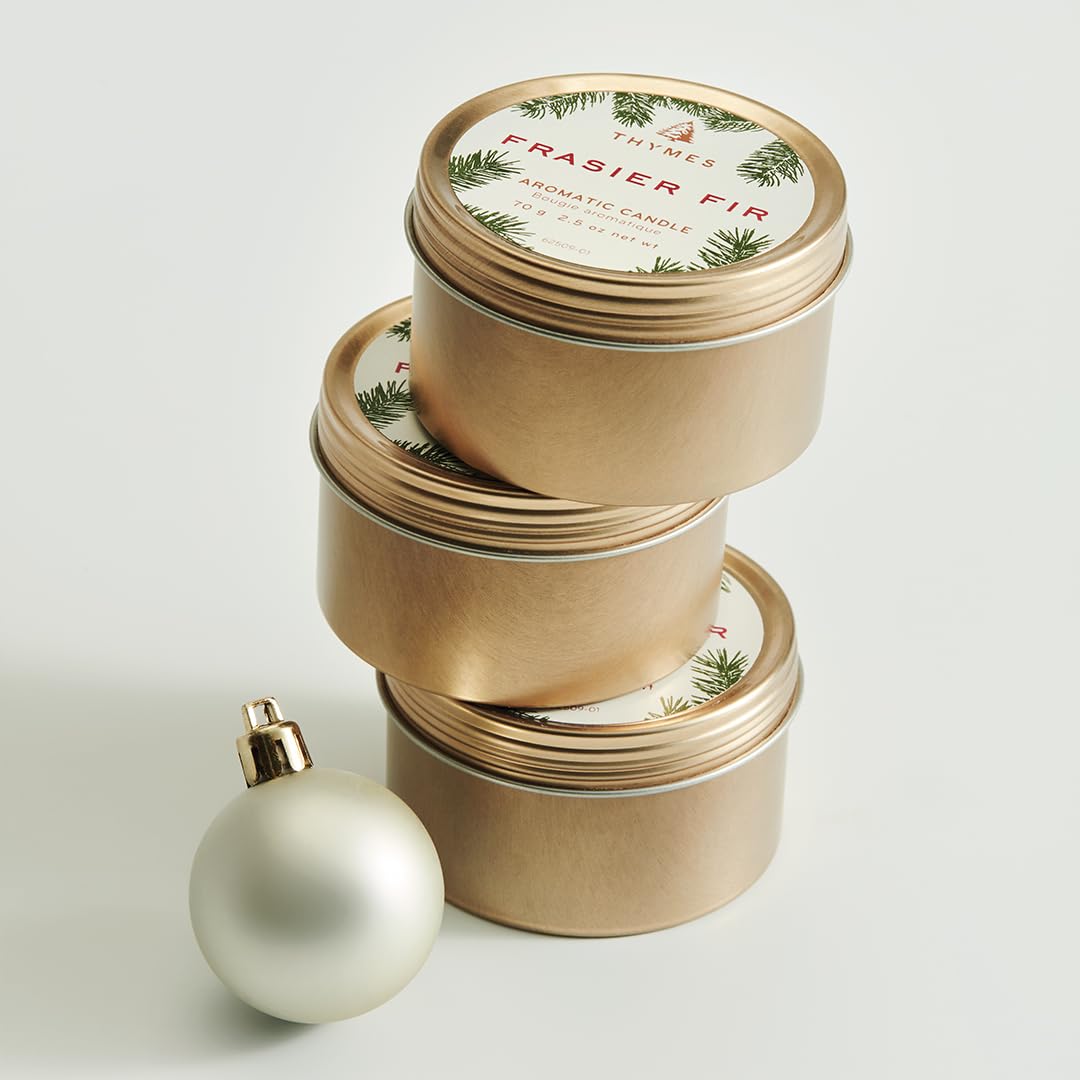 Thymes Travel Tin Holiday Candle - Frasier Fir (2.5 oz) - Gold | Winter Scent Gift
