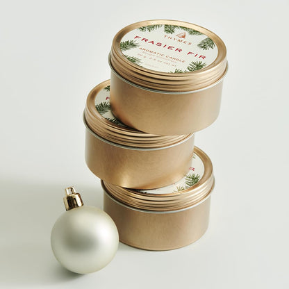 Thymes Travel Tin Holiday Candle - Frasier Fir (2.5 oz) - Gold | Winter Scent Gift