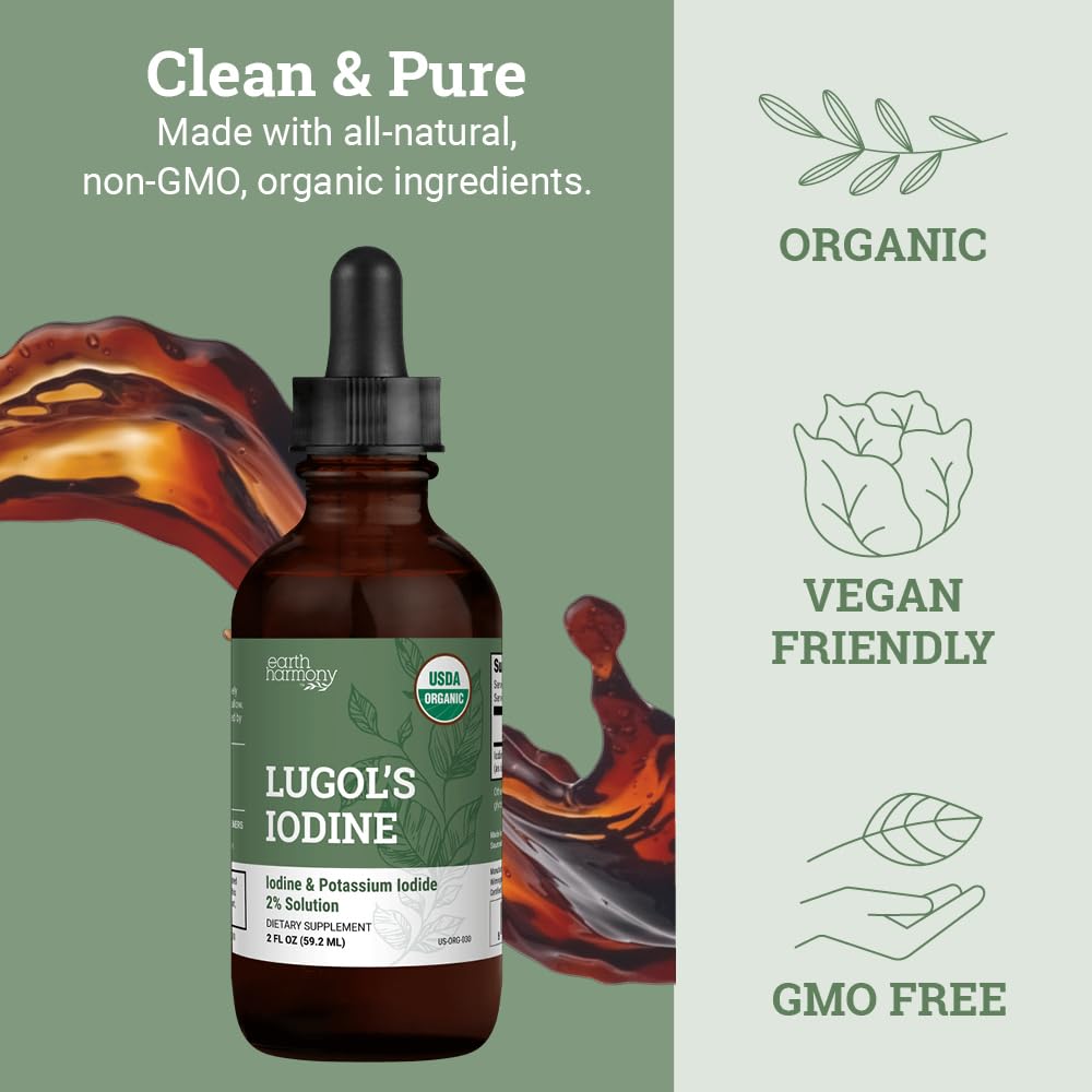 Organic Lugol's Iodine 2% Solution – Iodine & Potassium Iodide Drops for Thyroid Support | Non-GMO, 395 Servings (2 oz)