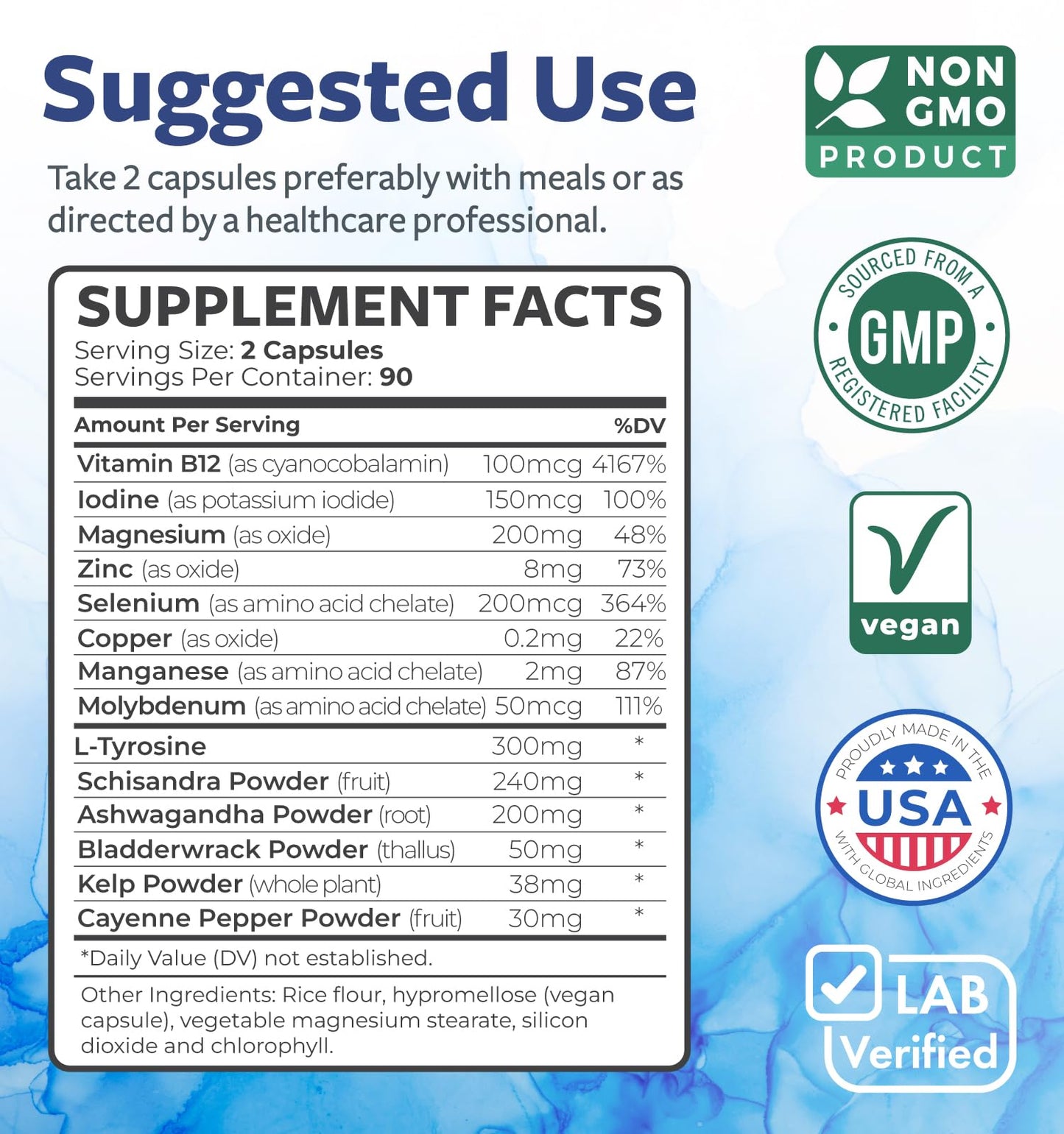 Thyroid Support with Iodine - 180 Capsules (Non-GMO) – 90 Day Supply