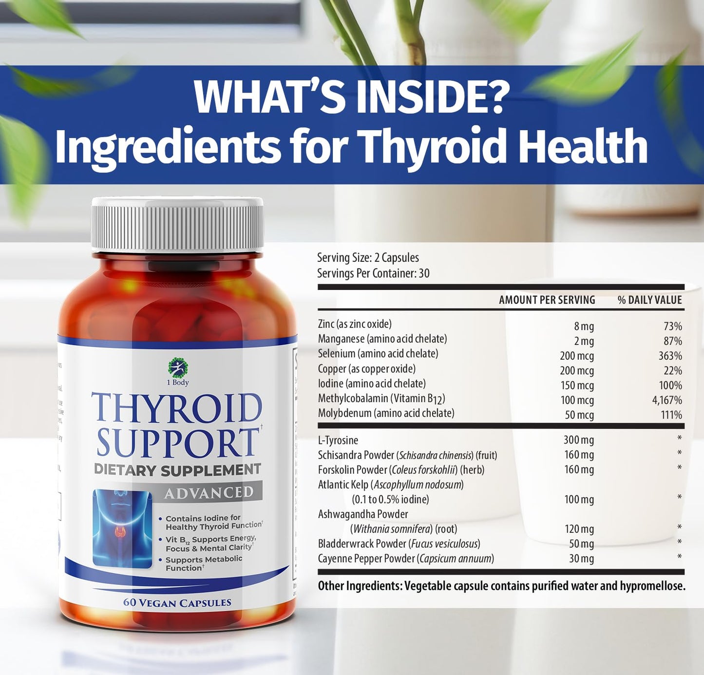 1 Body Thyroid Support Supplement – 90-Day, 3 Pack (Non-GMO Vegetarian)