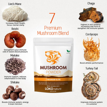 Tiger 7 Mushroom Powder Extract - 3.5oz (100g) | 7-Mushroom Blend | Vegan, Gluten-Free, Dairy-Free
