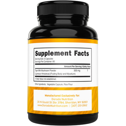 Tiger Milk Mushroom Supplement (120 Capsules, 500 mg per Serving) – Immune & Lung Support | USA Made